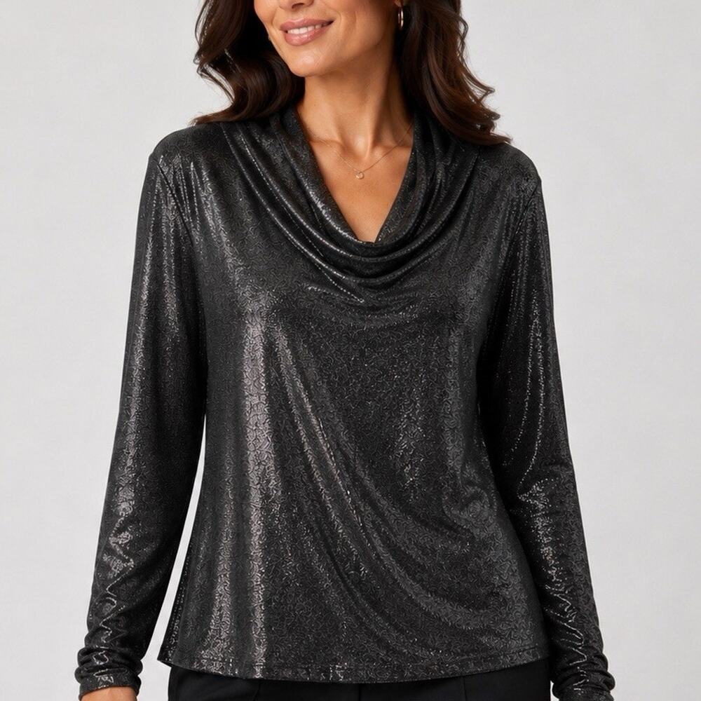 Susan Graver Tunic Large Gray Metallic Shimmer Liquid Knit Cowl Neck Ruched Cuff